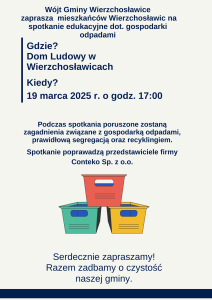 Wójt Gminy Wierzchosławice zaprasza mieszkańców Wierzchosławic na spotkanie edukacyjne dot. gospodarki odpadami Gdzie? Dom Ludowy w Wierzchosławicach Kiedy? 19 marca 2025 r. o godz. 17:00 